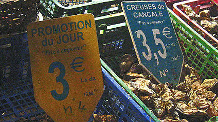 Einfach mal zugreifen und probieren: Austern auf einem französischen Markt
